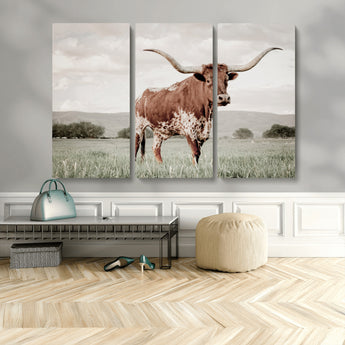 28309012-MGV-CV-36X24-Texas Longhorn Wall Art Canvas Print, Framed Spotted Cattle Art Picture Print, Horned Bull Perfect Rustic Western Decor Artwork
