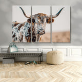 70414966-MGV-CV-48X32-3P-Texas Longhorn Wall Art Canvas Print, Framed Speckled Cow Art Picture Print, Horned Bull Perfect Rustic Western Decor Artwork