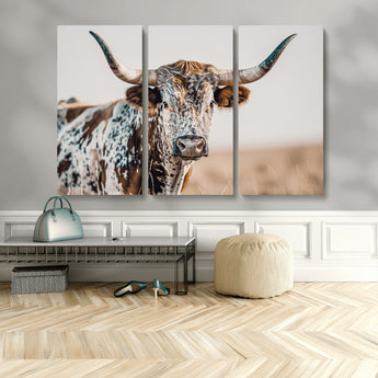 70414966-MGV-CV-48X32-3P-Texas Longhorn Wall Art Canvas Print, Framed Speckled Cow Art Picture Print, Horned Bull Perfect Rustic Western Decor Artwork