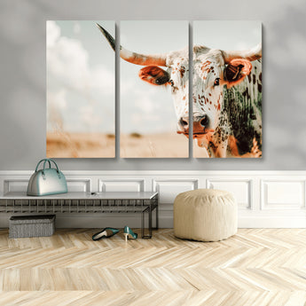72766375-MGV-CV-48X32-3P-Texas Longhorn Wall Art Canvas Print, Framed Spotted Cow Art Picture Print, Horned Cattle Perfect Rustic Western Decor Artwork
