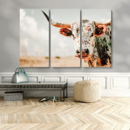 72766375-MGV-CV-48X32-3P-Texas Longhorn Wall Art Canvas Print, Framed Spotted Cow Art Picture Print, Horned Cattle Perfect Rustic Western Decor Artwork