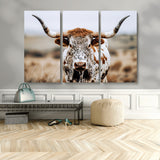 76294381-MGV-CV-36X24-Texas Longhorn Wall Art Canvas Print, Framed Spotted Cow Art Picture Print, Horned Cattle Perfect Rustic Western Decor Artwork