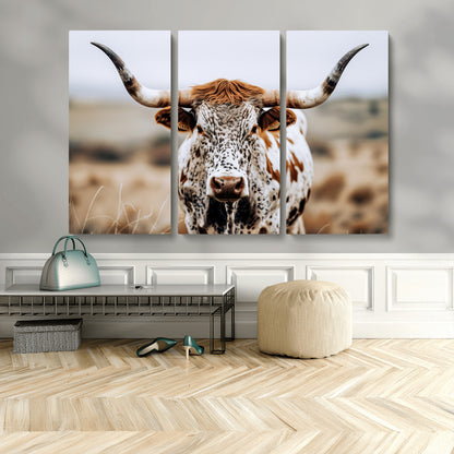 76294381-MGV-CV-36X24-Texas Longhorn Wall Art Canvas Print, Framed Spotted Cow Art Picture Print, Horned Cattle Perfect Rustic Western Decor Artwork