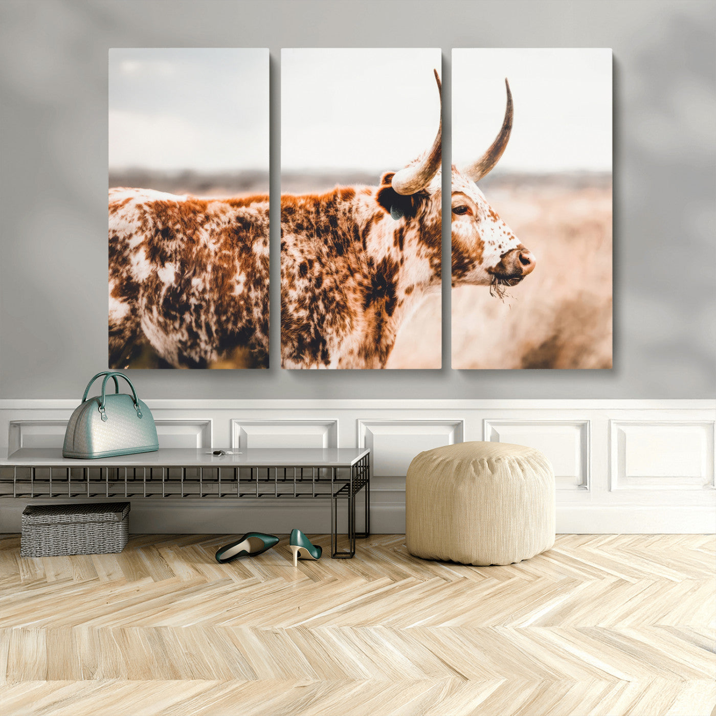 11528295-MGV-CV-48X32-3P-Speckled Longhorn Wall Art Canvas Print, Framed Texas Cattle Art Picture Print, Horned Cow Perfect Rustic Western Decor Artwork