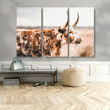 11528295-MGV-CV-48X32-3P-Speckled Longhorn Wall Art Canvas Print, Framed Texas Cattle Art Picture Print, Horned Cow Perfect Rustic Western Decor Artwork