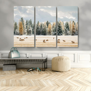 64188182-MGV-CV-48X32-3P-Elk Herd Wall Art Canvas Print, Framed Snowy Forest Art Picture Print, Forest Elks Perfect Neutral Rustic Decor Artwork