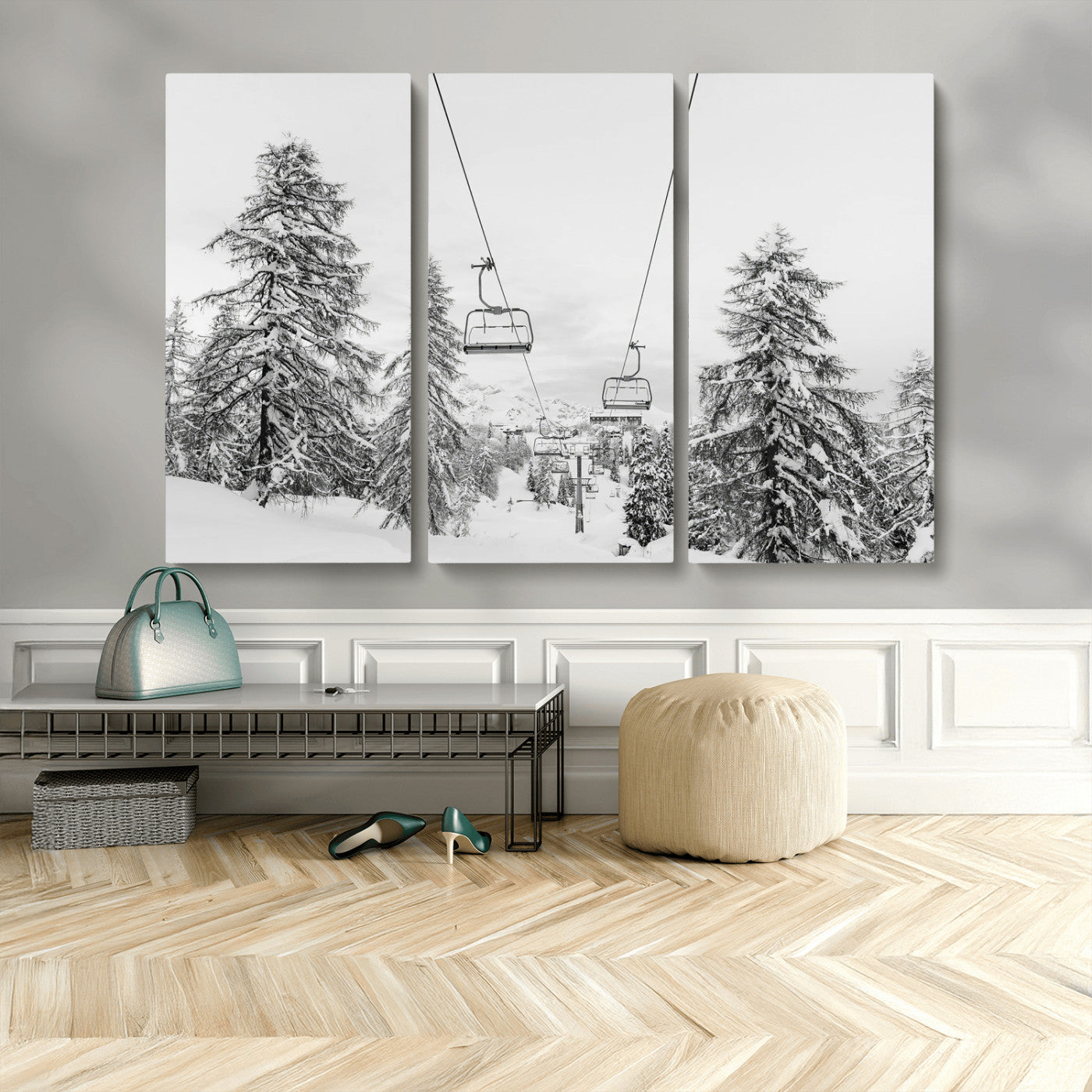 55003599-MGV-CV-36X24-Snowy Ski Lift Wall Art Canvas Print, Framed Winter Forest Art Picture Print, Ski lift Ride Perfect Winter Lodge Decor Artwork