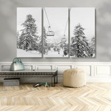 55003599-MGV-CV-36X24-Snowy Ski Lift Wall Art Canvas Print, Framed Winter Forest Art Picture Print, Ski lift Ride Perfect Winter Lodge Decor Artwork
