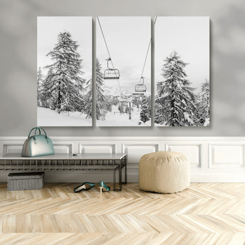 55003599-MGV-CV-36X24-Snowy Ski Lift Wall Art Canvas Print, Framed Winter Forest Art Picture Print, Ski lift Ride Perfect Winter Lodge Decor Artwork