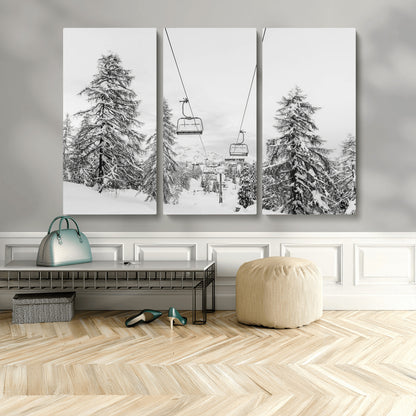 55003599-MGV-CV-36X24-Snowy Ski Lift Wall Art Canvas Print, Framed Winter Forest Art Picture Print, Ski lift Ride Perfect Winter Lodge Decor Artwork