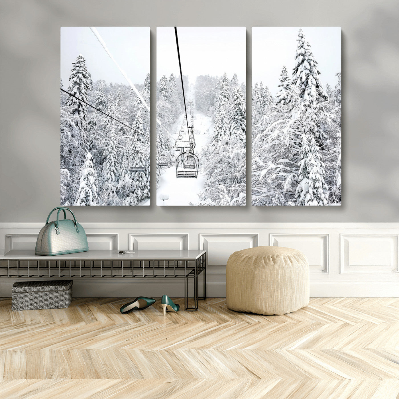 60296839-MGV-CV-48X32-3P-Snowy Mountains Wall Art Canvas Print, Framed Ski Lift Art Picture Print, Winter Forest Perfect Winter Minimalist Decor Artwork