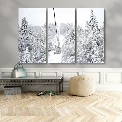 60296839-MGV-CV-48X32-3P-Snowy Mountains Wall Art Canvas Print, Framed Ski Lift Art Picture Print, Winter Forest Perfect Winter Minimalist Decor Artwork