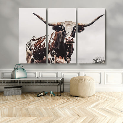95249234-MGV-CV-48X32-3P-Texas Longhorn Wall Art Canvas Print, Framed Spotted Bull Art Picture Print, Horned Cattle Perfect Rustic Farmhouse Decor Artwork