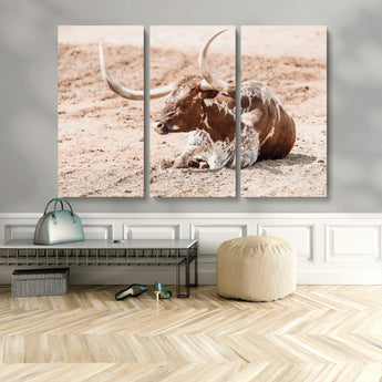 91248682-MGV-CV-48X32-3P-Texas Longhorn Wall Art Canvas Print, Framed Resting Bull Art Picture Print, Spotted Cattle Perfect Rustic Western Decor Artwork