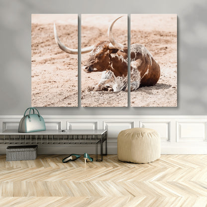91248682-MGV-CV-48X32-3P-Texas Longhorn Wall Art Canvas Print, Framed Resting Bull Art Picture Print, Spotted Cattle Perfect Rustic Western Decor Artwork