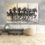 56089591-MGV-CV-48X32-3P-Galloping Horses Wall Art Canvas Print, Framed Wild Stallions Art Picture Print, Horse Herd Sketch Perfect Monochrome Dynamic