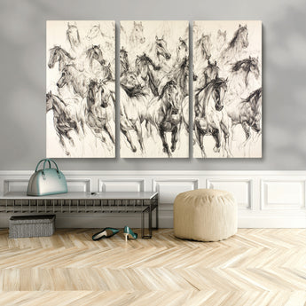 19433417-MGV-CV-48X32-3P-Running Horses Wall Art Canvas Print, Framed Horse Sketch Art Picture Print, Galloping Herd Perfect Monochrome Western Decor