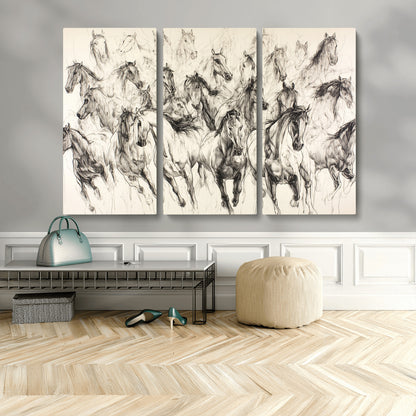 19433417-MGV-CV-48X32-3P-Running Horses Wall Art Canvas Print, Framed Horse Sketch Art Picture Print, Galloping Herd Perfect Monochrome Western Decor
