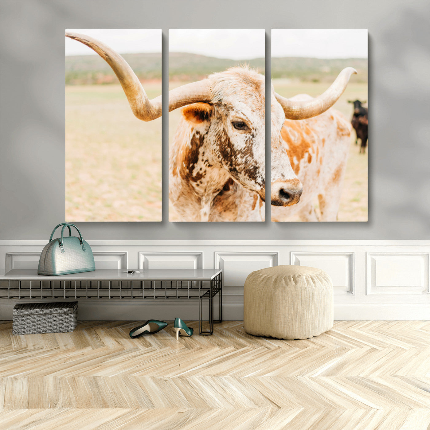 21060648-MGV-CV-36X24-Texas Longhorn Wall Art Canvas Print, Framed Speckled Cow Art Picture Print, Rustic Bull Perfect Rustic Western Decor Artwork