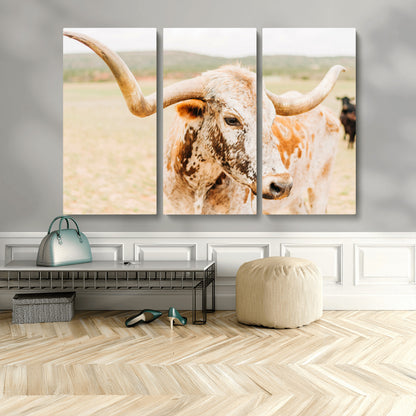 21060648-MGV-CV-48X32-3P-Texas Longhorn Wall Art Canvas Print, Framed Speckled Cow Art Picture Print, Rustic Bull Perfect Rustic Western Decor Artwork