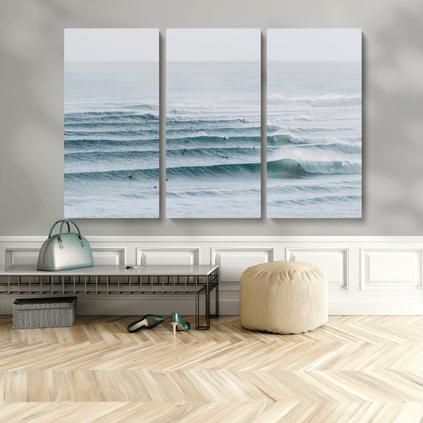 73969318-MGV-CV-48X32-3P-Ocean Waves Wall Art Canvas Print, Framed Surfer Lineup Art Picture Print, Crowded Ocean Perfect Minimal Coastal Decor Artwork
