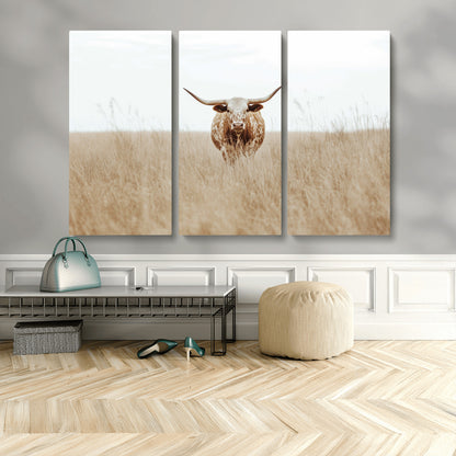 20927060-MGV-CV-48X32-3P-Texas Longhorn Wall Art Canvas Print, Framed Lone Cattle Art Picture Print, Longhorn Bull Perfect Rustic Western Decor Artwork