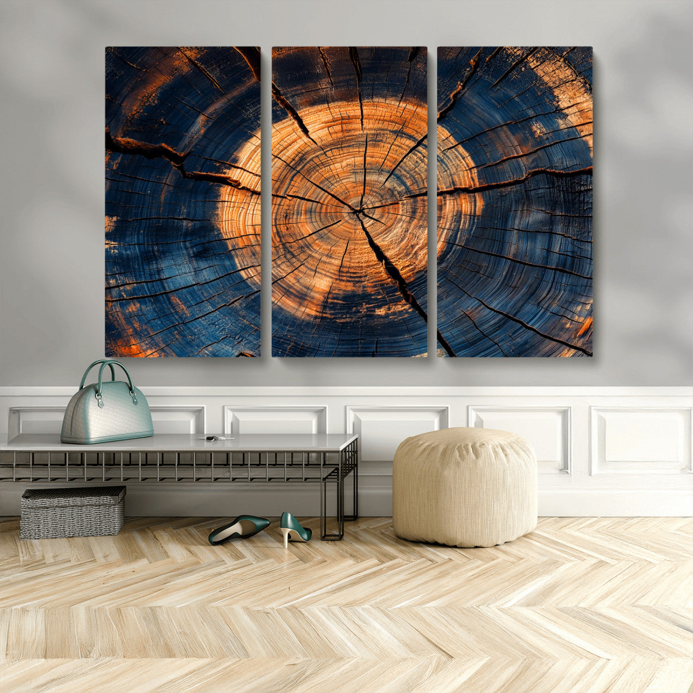 18975622-MGV-CV-48X32-3P-Burnt Wood Wall Art Canvas Print, Framed Aged Timber Art Picture Print, Rustic Tree Slice Perfect Rustic Decor Artwork for Home,