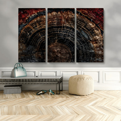 43686762-MGV-CV-48X32-3P-Dark Wood Ring Wall Art Canvas Print, Framed Abstract Wood Tree Art Picture Print, Rustic Tree Slice Perfect Rustic Decor Artwork
