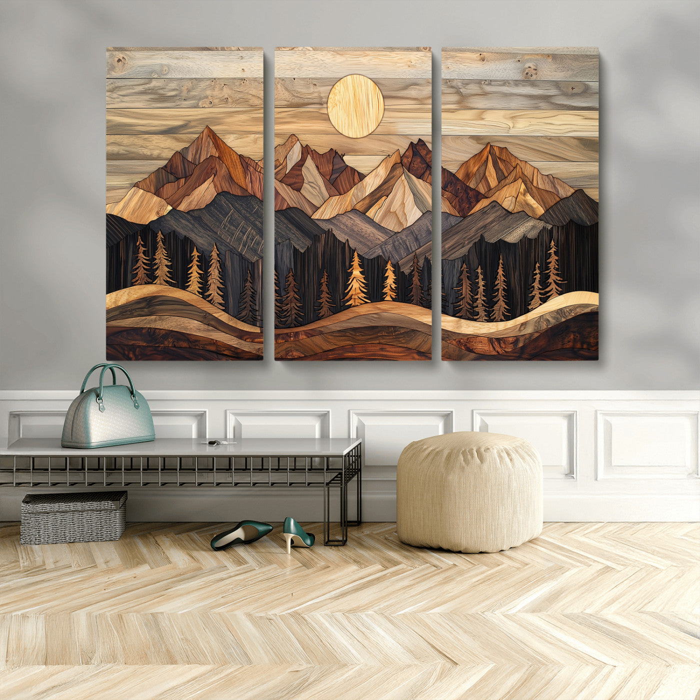 50100230-MGV-CV-48X32-3P-Wooden Mountain Wall Art – Rustic Nature Landscape Canvas Print, Handmade Style Sun, Forest, and Peaks Artwork for Living Room,