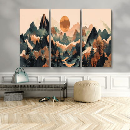 13012770-MGV-CV-48X32-3P-Mountain Landscape Wall Art – Modern Nature Canvas Print with Sun, Misty Peaks, and Forest in Orange and Green Tones for Living
