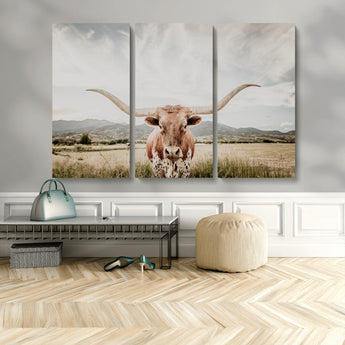 80054319-MGV-CV-48X32-3P-Longhorn Wall Art – Rustic Western Canvas Print, Majestic Bull Artwork for Farmhouse, Ranch or Living Room