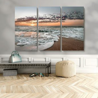40632752-MGV-CV-48X32-3P-Ocean Sunset Wall Art Canvas Print, Framed Beach Waves Art Picture Print, Coastal Scene Perfect Coastal Decor Artwork