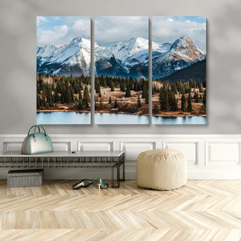 36247746-MGV-CV-36X24-Snowy Peaks Wall Art Canvas Print, Framed Alpine Lake Art Picture Print, Pine Forest Perfect Alpine Wilderness Decor Artwork