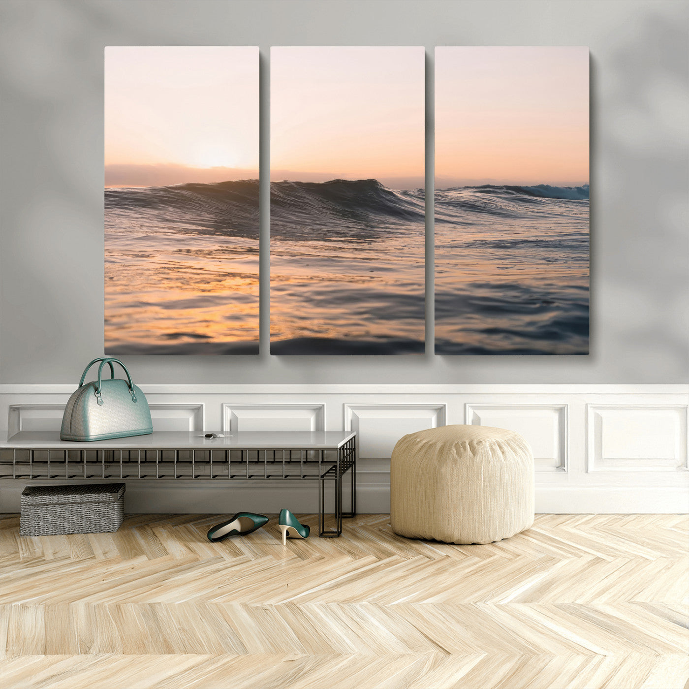 46299358-MGV-CV-36X24-Sunset Waves Wall Art Canvas Print, Framed Ocean Horizon Art Picture Print, Golden Water Perfect Golden Hour Coastal Decor Artwork