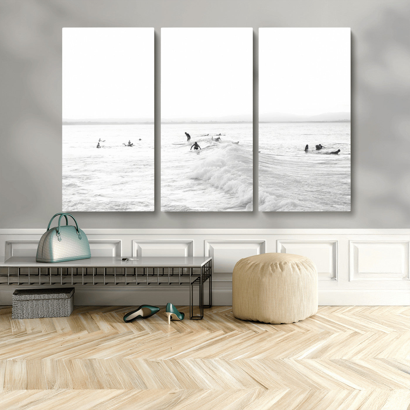 33449548-MGV-CV-36X24-Group Surfers Wall Art Canvas Print, Framed Ocean Wave Art Picture Print, Surf Crowd Perfect Monochrome Surf Decor Artwork