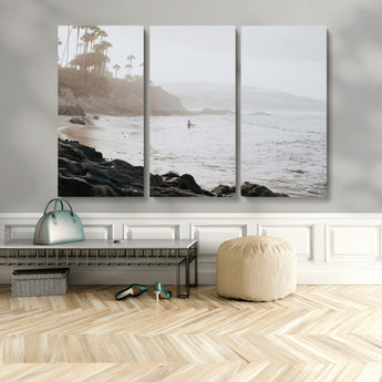 62501405-MGV-CV-36X24-Misty Beach Wall Art Canvas Print, Framed California Surfer Art Picture Print, Coastal Cliff Perfect Coastal Beach Decor Artwork