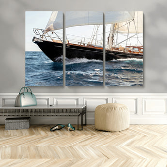 97168626-MGV-CV-36X24-Sailing Yacht Wall Art Canvas Print, Framed Wooden Yacht Art Picture Print, Ocean Waves Perfect Nautical Coastal Decor Artwork