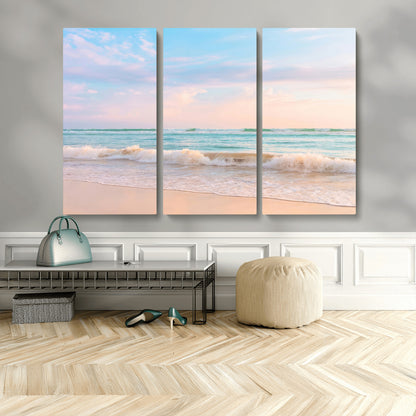 74679437-MGV-CV-48X32-3P-Pastel Ocean Wall Art Canvas Print, Framed Beach Waves Art Picture Print, Soft Sunset Perfect Pastel Coastal Decor Artwork
