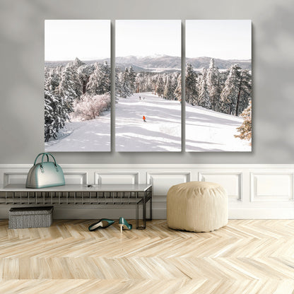 62119206-MGV-CV-48X32-3P-Snowy Trail Wall Art Canvas Print, Framed Ski Slope Art Picture Print, Winter Pines Perfect Alpine Adventure Decor Artwork