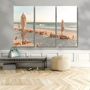 58507949-MGV-CV-36X24-Beach Umbrellas Wall Art Canvas Print, Framed Empty Loungers Art Picture Print, Soft Sand Perfect Minimalist Seaside Decor Artwork