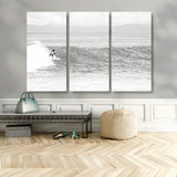 81535128-MGV-CV-36X24-Surfer Woman Wall Art Canvas Print, Framed Black Ocean Art Picture Print, Ocean Surfing Perfect Monochrome Coastal Decor Artwork