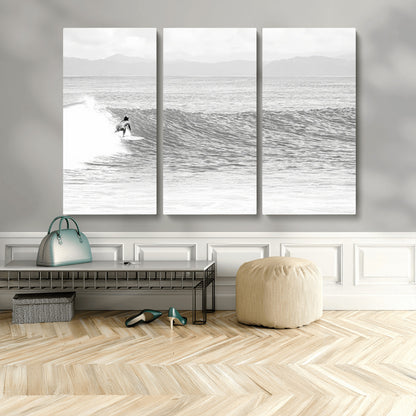 81535128-MGV-CV-36X24-Surfer Woman Wall Art Canvas Print, Framed Black Ocean Art Picture Print, Ocean Surfing Perfect Monochrome Coastal Decor Artwork