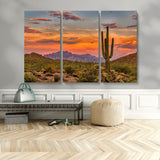 25332783-MGV-CV-48X32-3P-Saguaro Cactus Wall Art Canvas Print, Framed Arizona Sunset Art Picture Print, Sonoran Desert Perfect Southwestern Boho Decor