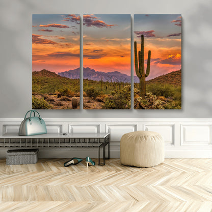25332783-MGV-CV-48X32-3P-Saguaro Cactus Wall Art Canvas Print, Framed Arizona Sunset Art Picture Print, Sonoran Desert Perfect Southwestern Boho Decor
