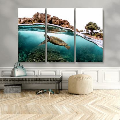 44200301-MGV-CV-36X24-Sea Turtle Swim Wall Art Canvas Print, Framed Ocean Life Art Picture Print, Tropical Shoreline Perfect Tropical Coastal Decor