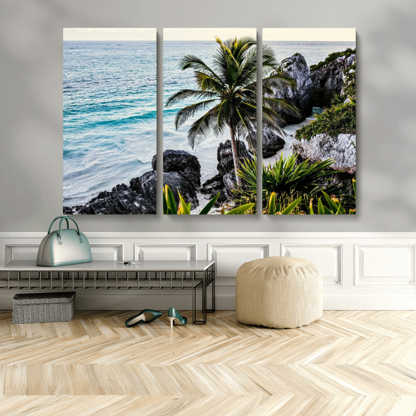 94669907-MGV-CV-36X24-Tropical Coastline Wall Art Canvas Print, Framed Palm Tree Art Picture Print, Rocky Beach Perfect Tropical Coastal Decor Artwork