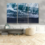 87941475-MGV-CV-48X32-3P-Black Beach Wall Art Canvas Print, Framed Aerial Ocean Art Picture Print, Moody Coastal Perfect Modern Coastal Decor Artwork