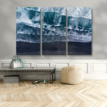 87941475-MGV-CV-48X32-3P-Black Beach Wall Art Canvas Print, Framed Aerial Ocean Art Picture Print, Moody Coastal Perfect Modern Coastal Decor Artwork