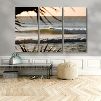 24896468-MGV-CV-48X32-3P-Sunset Surf Wall Art Canvas Print, Framed Golden Waves Art Picture Print, Tropical Ocean Perfect Tropical Boho Decor Artwork