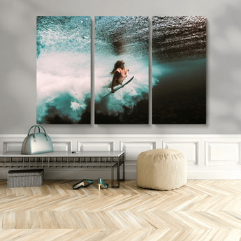 85923512-MGV-CV-36X24-Aquatic Motion Wall Art Canvas Print, Framed Underwater Swimming Art Picture Print, Female Surfer Diving Perfect Coastal Boho